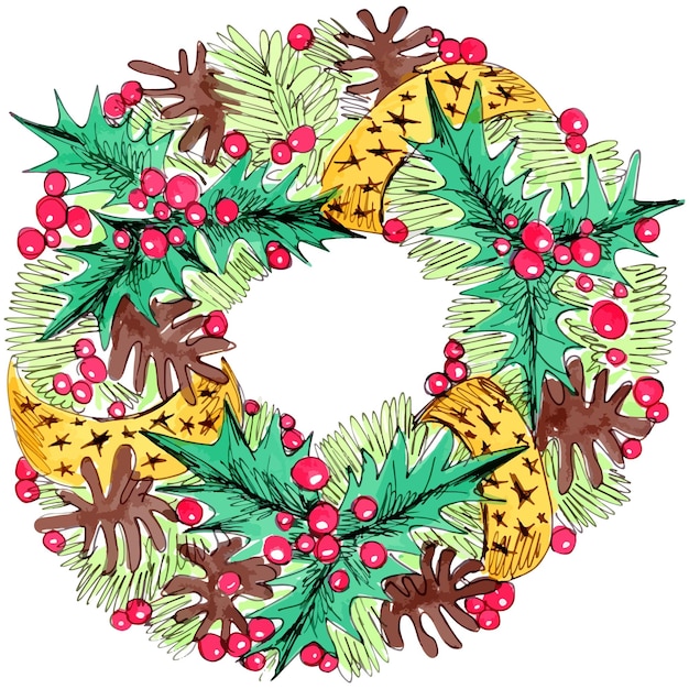 Vector sketch markers illustration of wonderful Christmas wreath