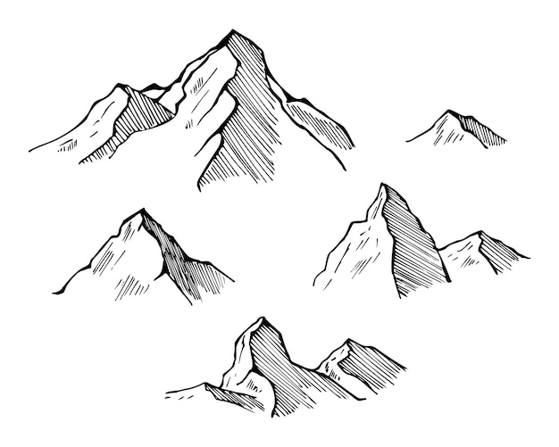 벡터 산의 터 스케치 잉크로 손으로 그린 일러스트레이션 바위 꼭대기의 단색 그림