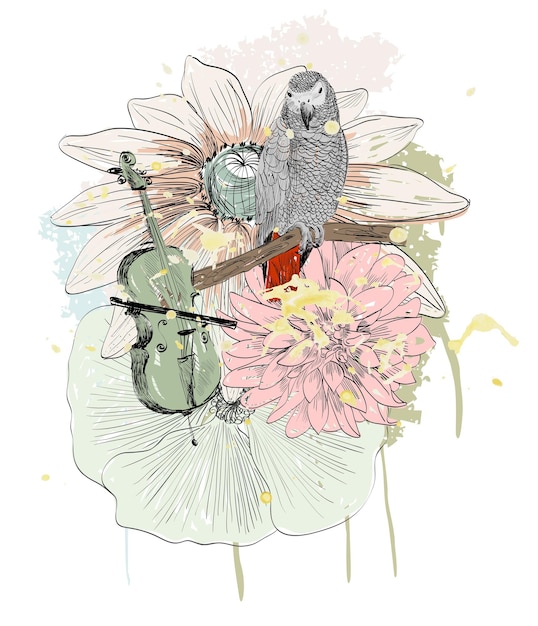 Vector sketch of a parrot with flowers hand drawn illustration.