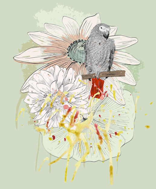 Vector sketch of a parrot with flowers