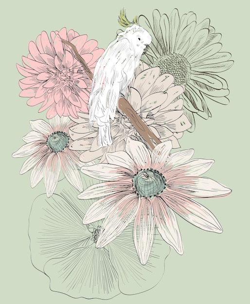 Vector sketch of a parrot with flowers