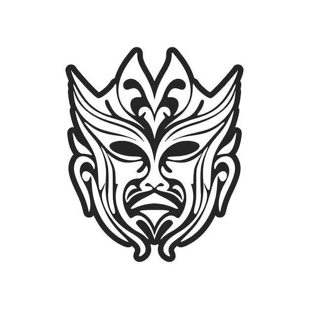 Vector sketch of a Polynesian mask tattoo in black and white