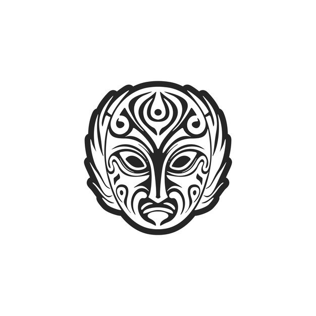 Vector sketch of a Polynesian mask tattoo in black and white