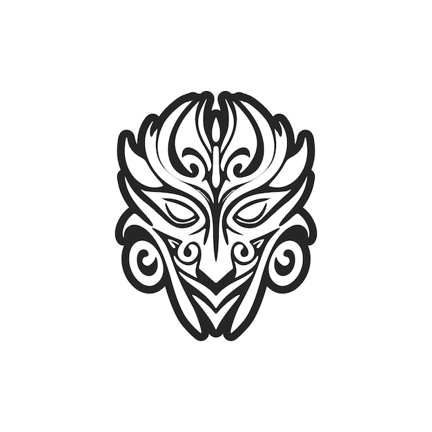 Vector sketch of a Polynesian mask tattoo with a black and white color scheme