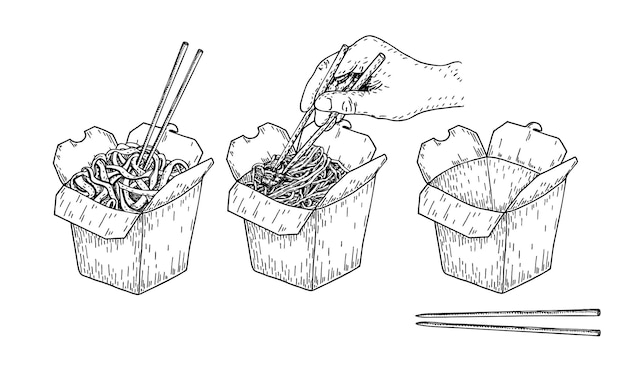 Vector sketch of rice noodle isolated chinese box and chopsticks with noodles and vegetables