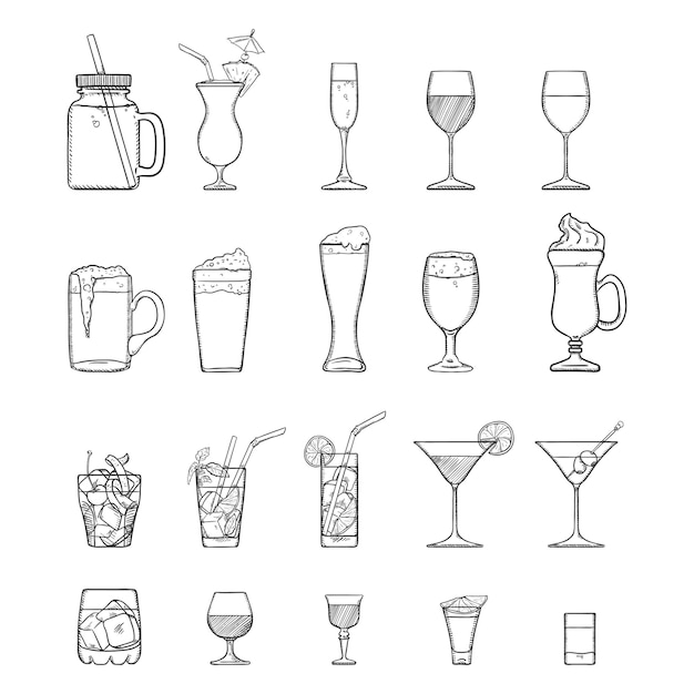 Векторный эскизный набор алкоголя и безалкогольных напитков Ликеры Коктейли