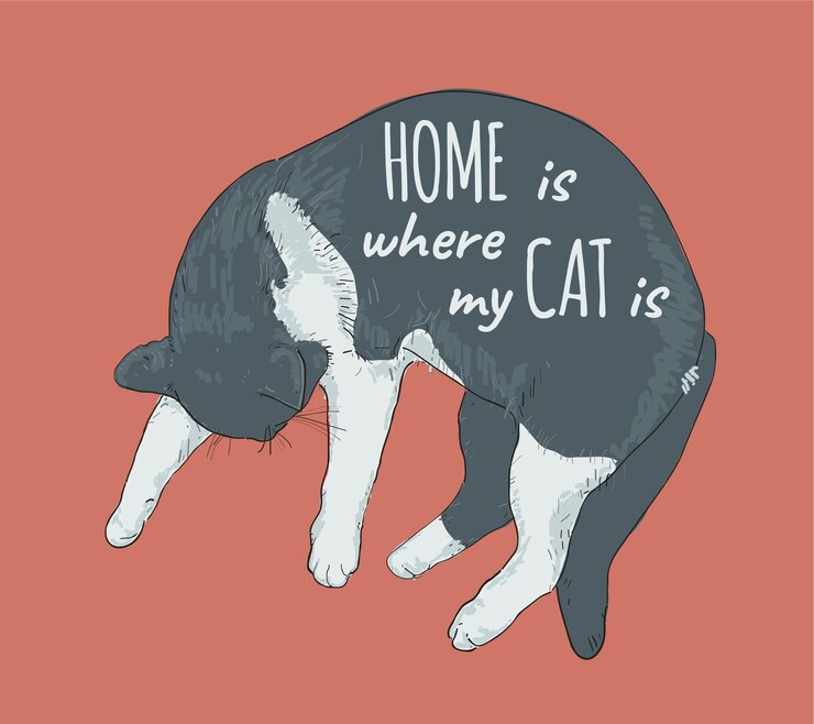 Vector vector sketch of sleeping cat with lettering
