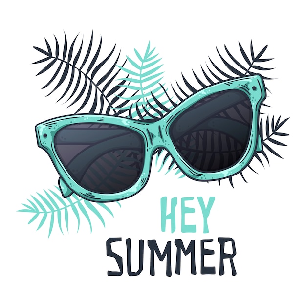 Vector vector sketch sunglasses in vintage style. lettering: hey summer.