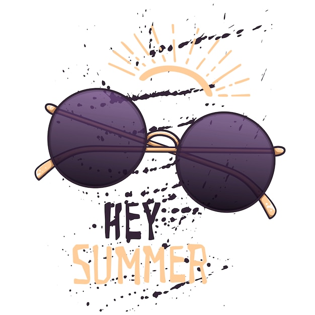 Vector vector sketch sunglasses in vintage style. lettering: hey summer.