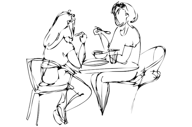 Vector sketch two girls eat in a cafe