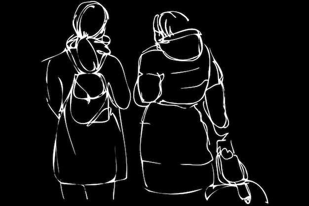 Vector sketch two girls with a backpack and suitcase