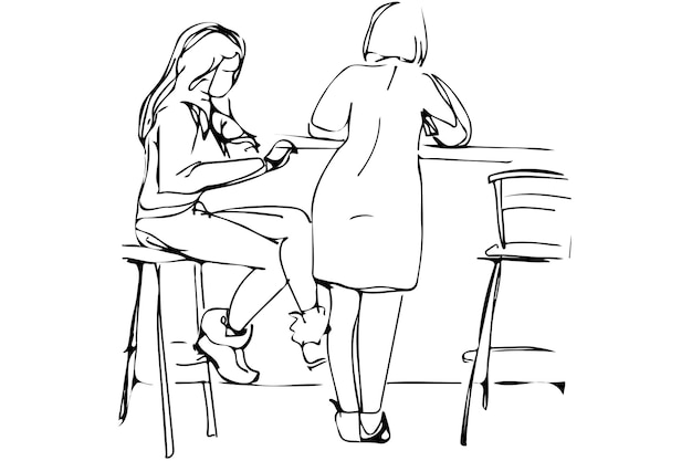 高いスツールのカフェで2人の若い女性のベクトルスケッチ