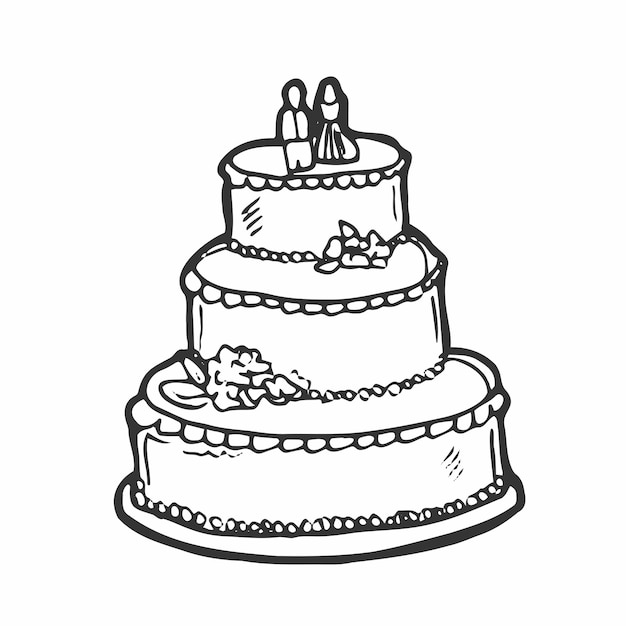 Vector sketch of wedding cake with floral decoration isolated on a white