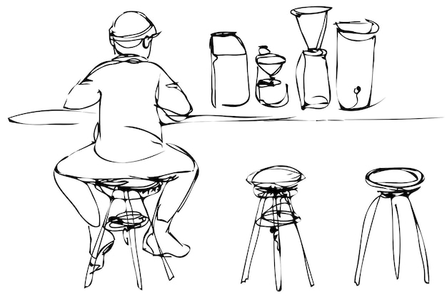 Векторный рисунок молодого человека на табурете у барной стойки