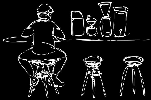 Vector sketch of a young man on a stool at the bar counter