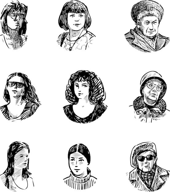 Vector vector sketches of faces of women different ages