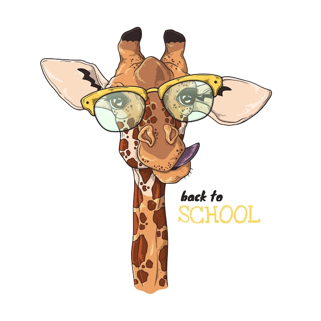 Vector sketching illustrations. portrait of funny giraffe in school glasses.