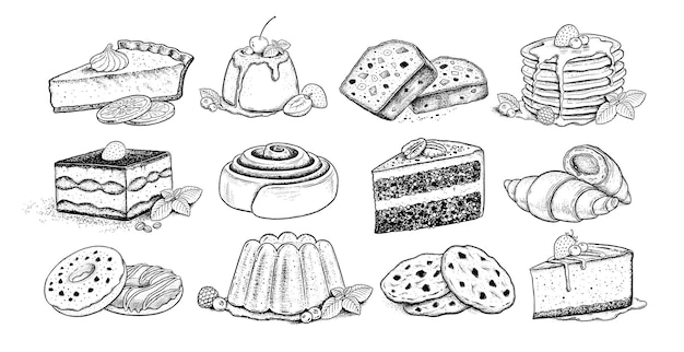 Vector sketchy illustrations set of desserts and sweet food