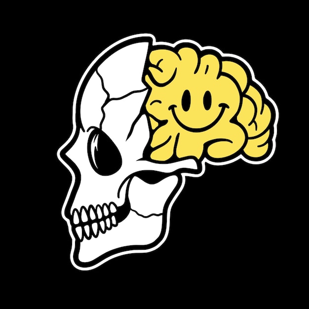 Emoticon del cervello del cranio vettoriale illustrazione dei cartoni animati di streetwear