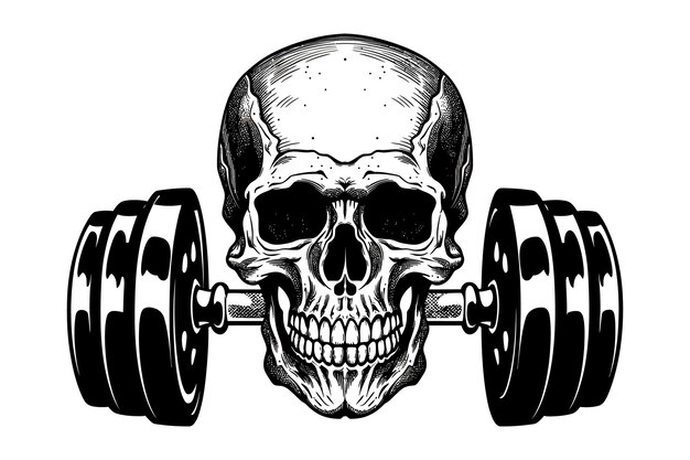 Vector skull with barbell in teeth and gym t shirt design