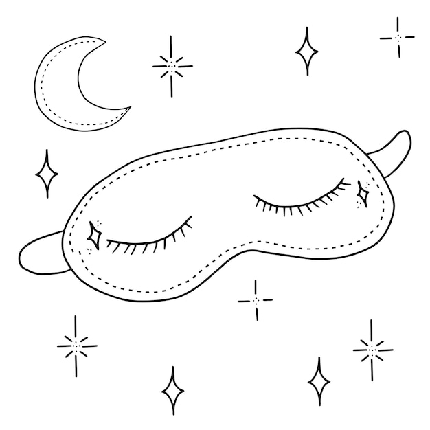 Vector sleep mask with closed eyes with eyelashes good night with month and stars isolated hand illustration