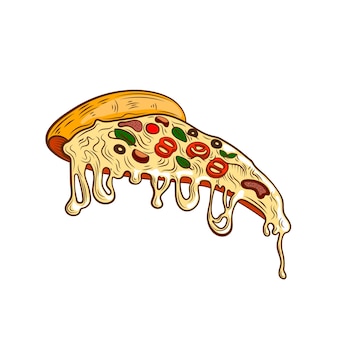 Векторный кусок красочной пиццы, нарисованный вручную, гравировка в винтажном стиле, иллюстрация, пицца изолирована