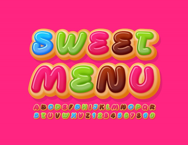 Vector smakelijke sjabloon Sweet Menu. Kleurrijk Donut-lettertype. Heerlijke taart Alfabetletters en cijfers