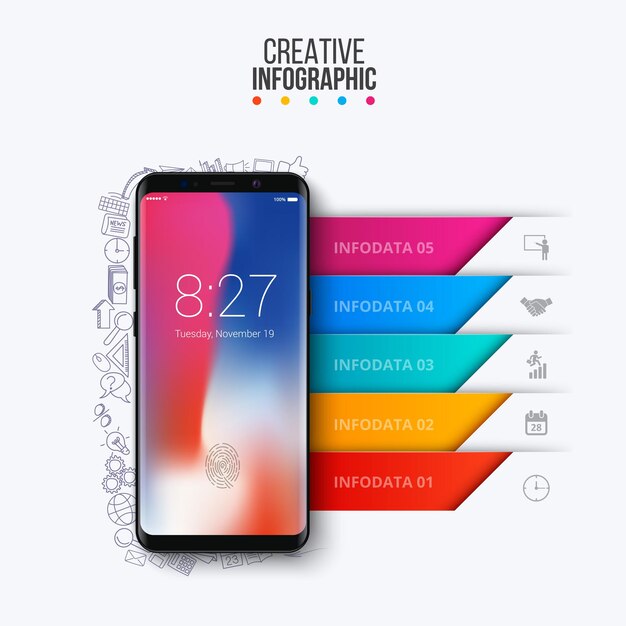 Vettore infografica smartphone vettoriale. modello di presentazione con 5 opzioni, parti, passaggi o processi.
