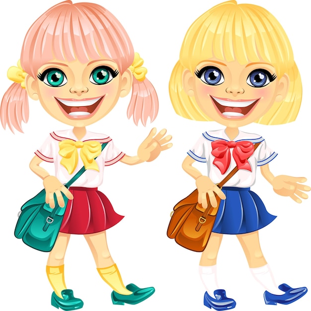 Vector smiling blonde cute schoolgirls