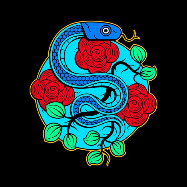 Disegno del tatuaggio vettoriale serpente e teschio con banner e fiore