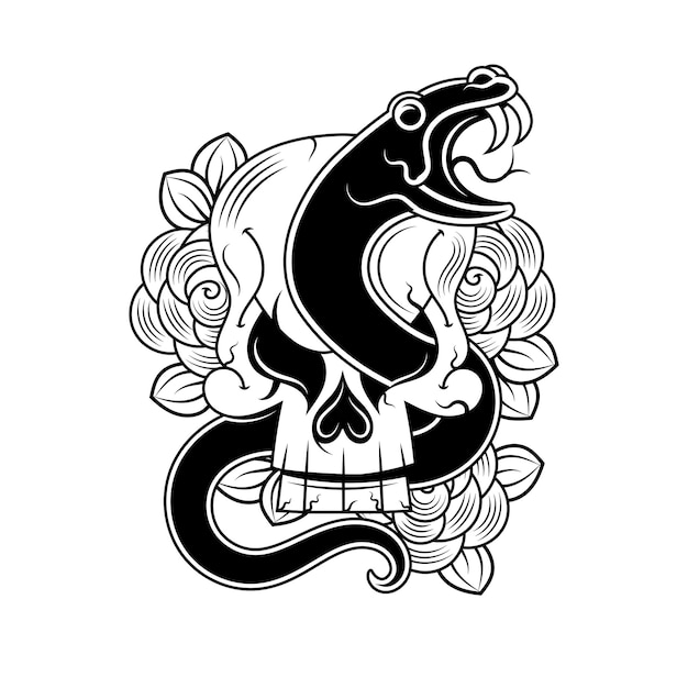 Vector vector snake and skull tattoo design with banner and flower