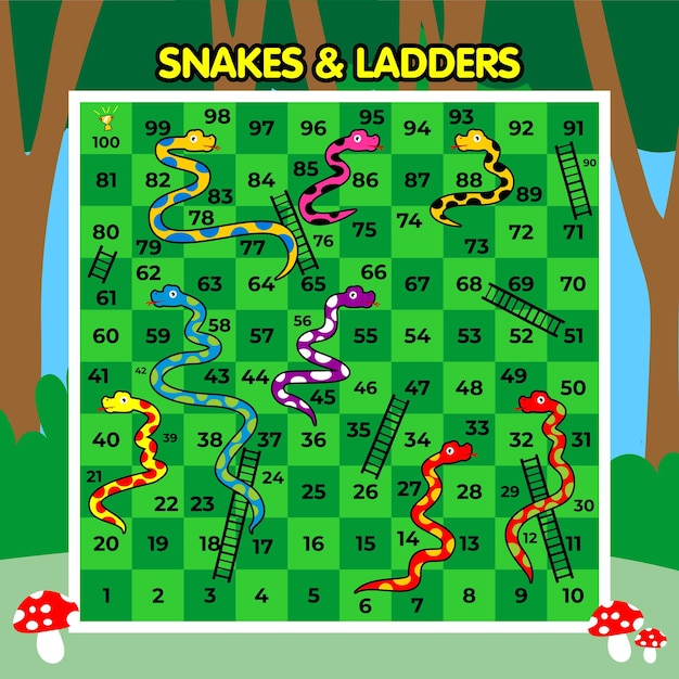 Vector vector snakes and ladders board game with jungle background