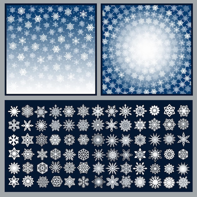 Vettore vector snowflakes backgrounds set bianca neve che cade su gradiente blu ornamento natalizio per vendite striscione carta di capodanno copia spazio sfondo cielo invernale collezione di 80 mandale di cristallo