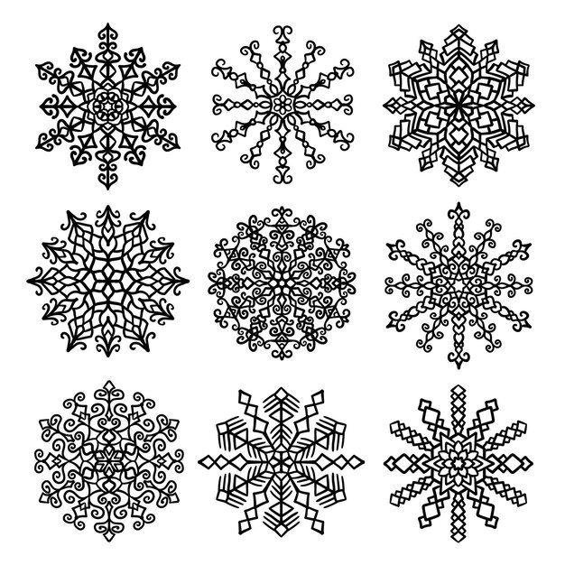 Vector Snowflakes Isolated Set Hand drawn mandala shape Intricate design elements Round ornament decoration For Christmas decoration New Year card sales banner winter icon