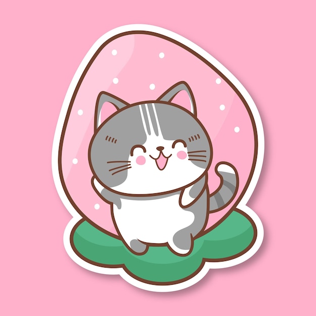 Vector so cute kawaii cat sticker with strawberry isolated