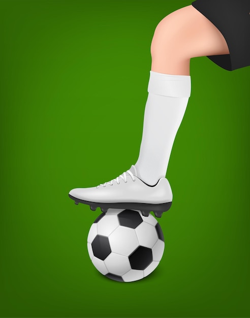 Вектор футболист с мячом. Нога футболиста в белом гольфе и черных шортах поверх мяча. Иллюстрация спортивного футбола.