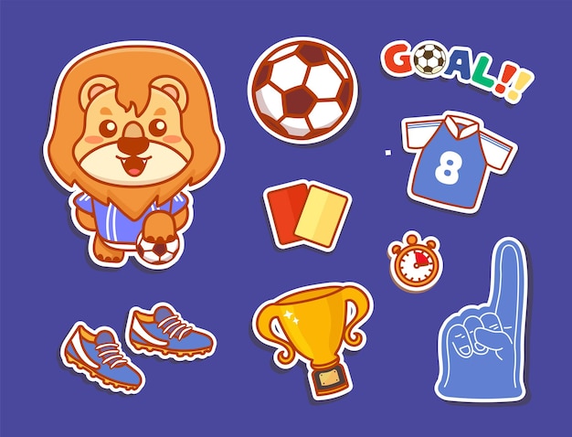 Vector vector soccer sticker set with cute lion character and isolated blue background. kawaii cartoon vector