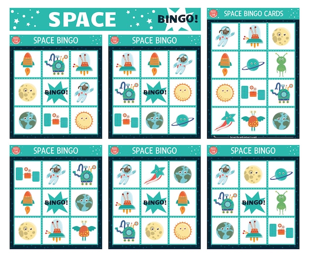 Набор карт векторного космического бинго Веселая семейная настольная игра в лото с милой звездой астронавта, звездой, рокером, планетой, пришельцами, детьми, астрономической лотереей, простой образовательный лист для печатиxA