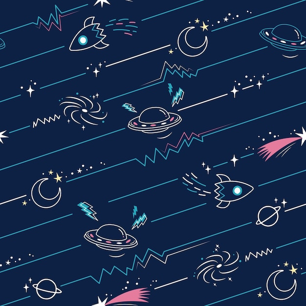 Vector vector space colourful seamless pattern with lines, spaceship, star, planet, rocket and moon