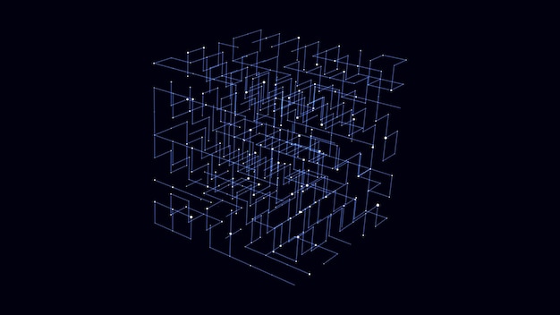 vector space cube network connection structure cyberspace with moving particles in closed room big data visualization abstract cyber security background