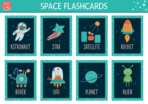 Vector Space flash cards set English language game with cute astronaut star rocker planet alien kids Astronomy flashcards with funny characters Simple educational printable worksheetxA