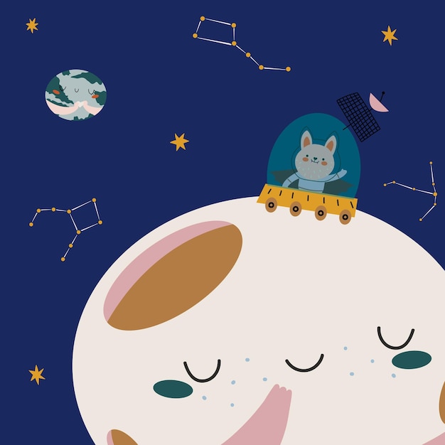 Vector Space Illustrations Karakter Maan en astronaut op een expeditie raket in de ruimte en Cosmo