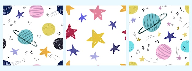 Vector space pattern with planets and stars in cartoon style