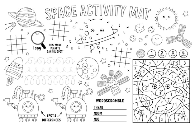 Vector space placemat for kids fairytale printable activity mat with maze tic tac toe charts connect the dots find difference black and white play mat or coloring pagexa