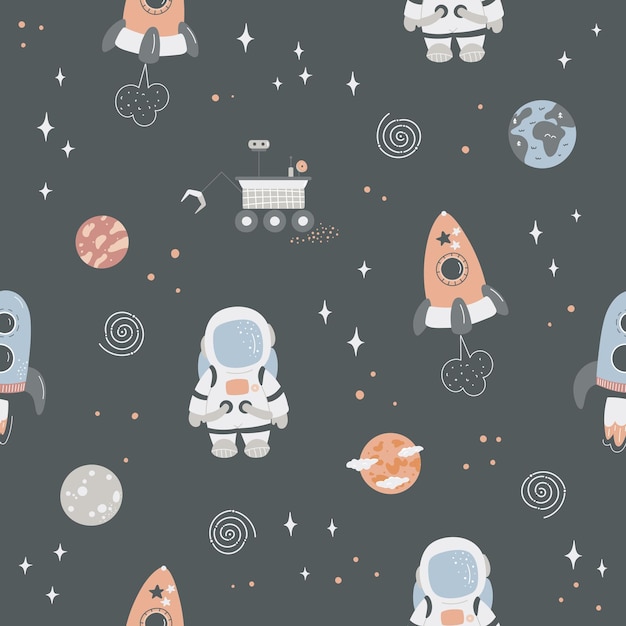 Vector space seamless pattern. Cute color background with astronaut, spaceship, mars rover, rocket