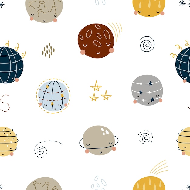 Векторный космический бесшовный узор с планетами и звездами Яркая повторяющаяся текстура с космическими элементами Милый детский дизайн для детской ткани и оберточной бумаги