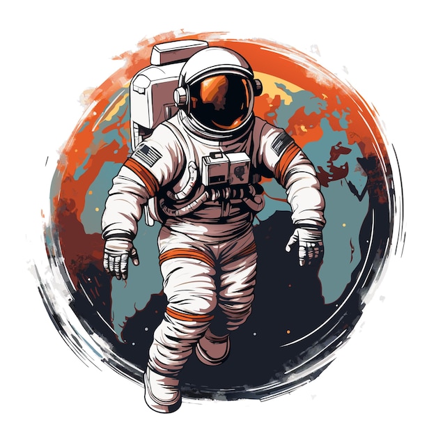 Vector Spaceman standing on the earth icon eps10 Vector lively astronaut with a planet in the back icon eps10