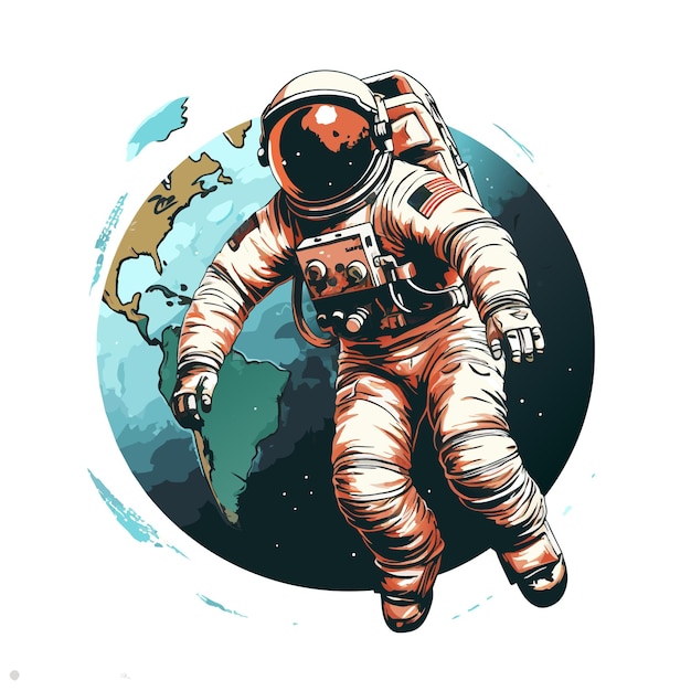 Vector Spaceman standing on the earth icon eps10 Vector lively astronaut with a planet in the back icon eps10