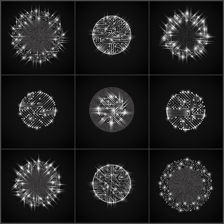 Vector vector sparkling circuit board circles, digital technologies abstractions. black shine computer microprocessor schemes with arrows, gleam futuristic design collection.