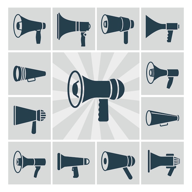 Vector speaker icons set. Flat megaphone silhouettes collection